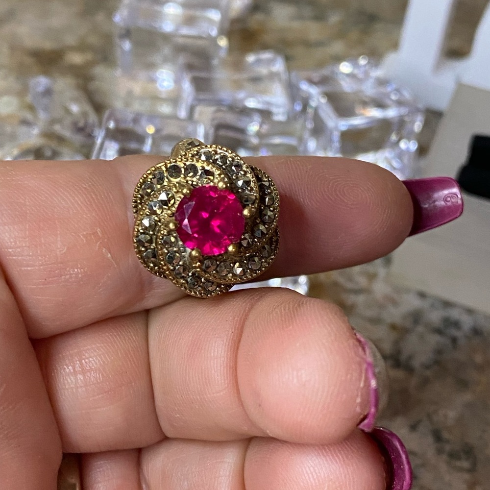 Vintage Two Tone Marcasite Ruby Ring - image 6